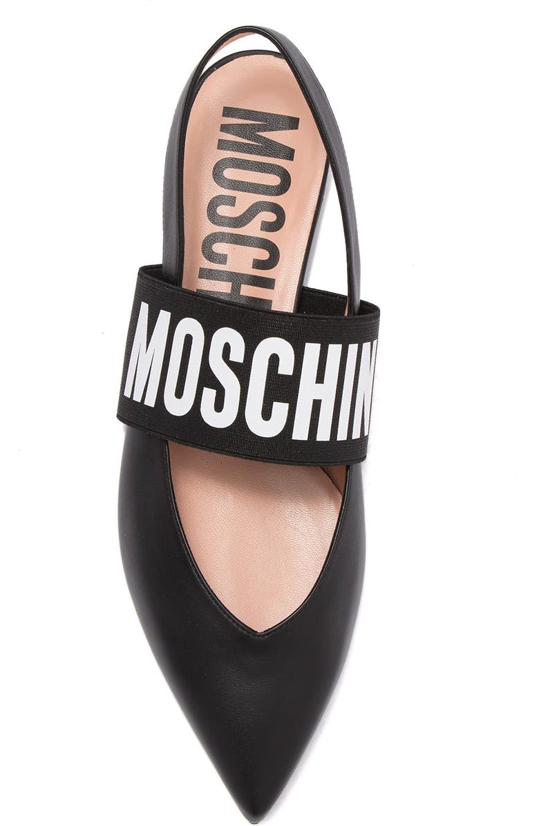 Moschino Logo Leather Pointed Toe Slingback Flat, Alternate, color,