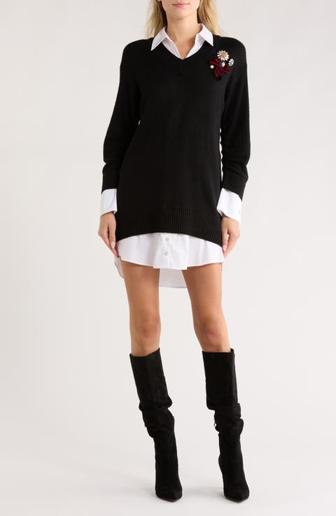 Santina Brooch Long Sleeve Twofer Sweater Dress