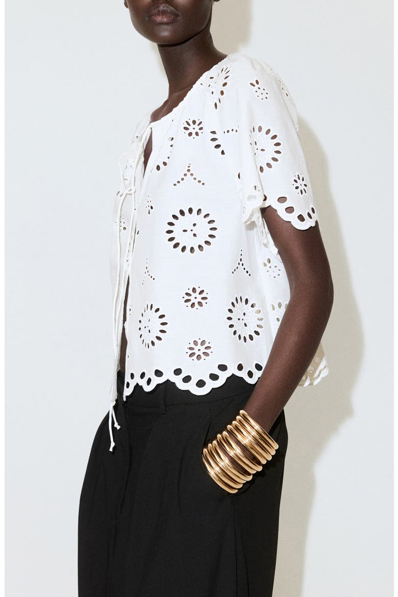 Openwork Embroidered Cotton Button-Up Top, Alternate, color, OFF WHITE