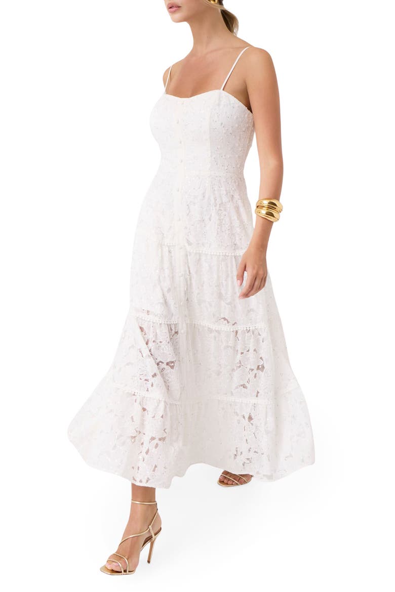 Evelyn Beaded Lace Tiered Midi Dress, Main, color, WHITE