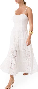 GUESS Evelyn Beaded Lace Tiered Midi Dress