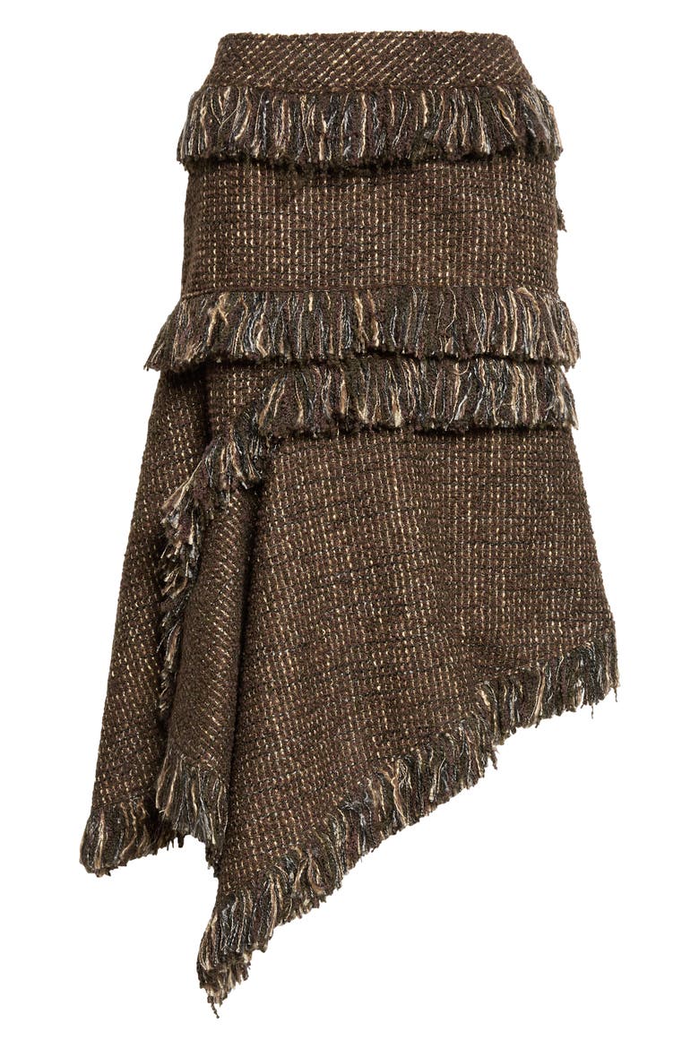 Fringe Asymmetric Wool Blend Tweed Skirt, Main, color, BROWN