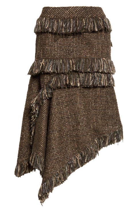 Fringe Asymmetric Wool Blend Tweed Skirt