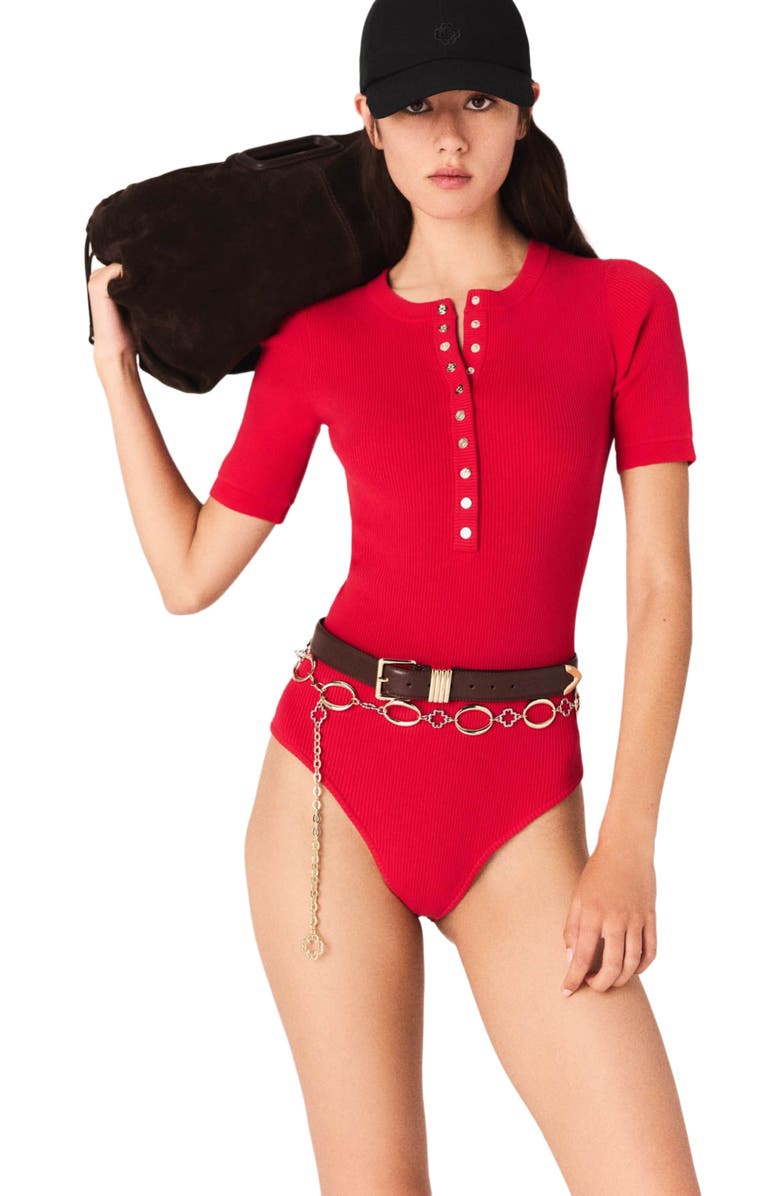 maje Ribbed knit short sleeve bodysuit, Main, color, Red