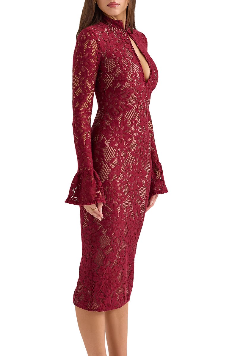 HOUSE OF CB Pierette Cutout Detail Long Sleeve Lace Body-Con Dress, Alternate, color, Rhubarb
