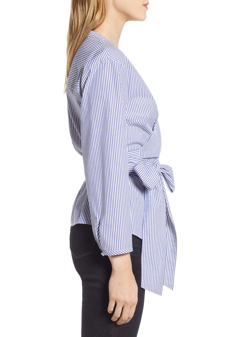 Stretch Cotton Stripe Wrap Top, Alternate, color, BLUE