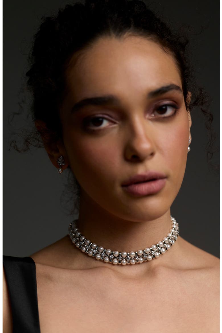 Imitation Pearl Retro Choker, Alternate, color, RHODIUM