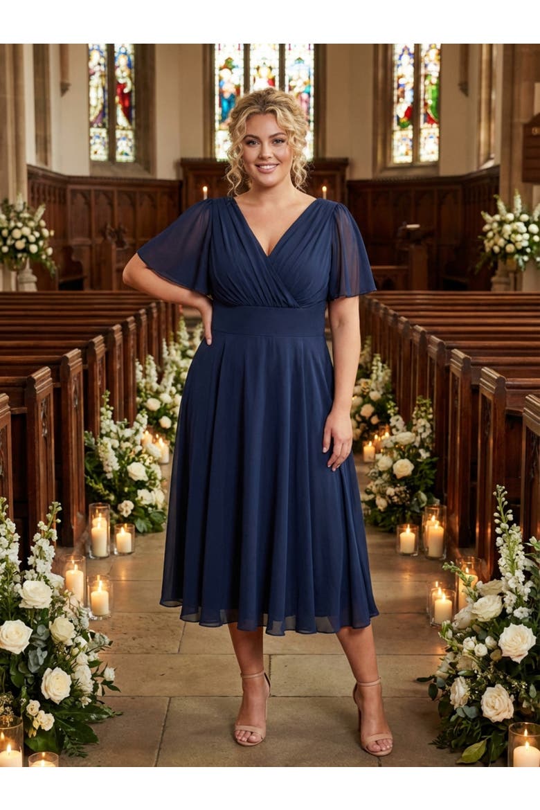 Victoria Solid Angel Sleeve Midi Dress, Alternate, color, Solid Navy
