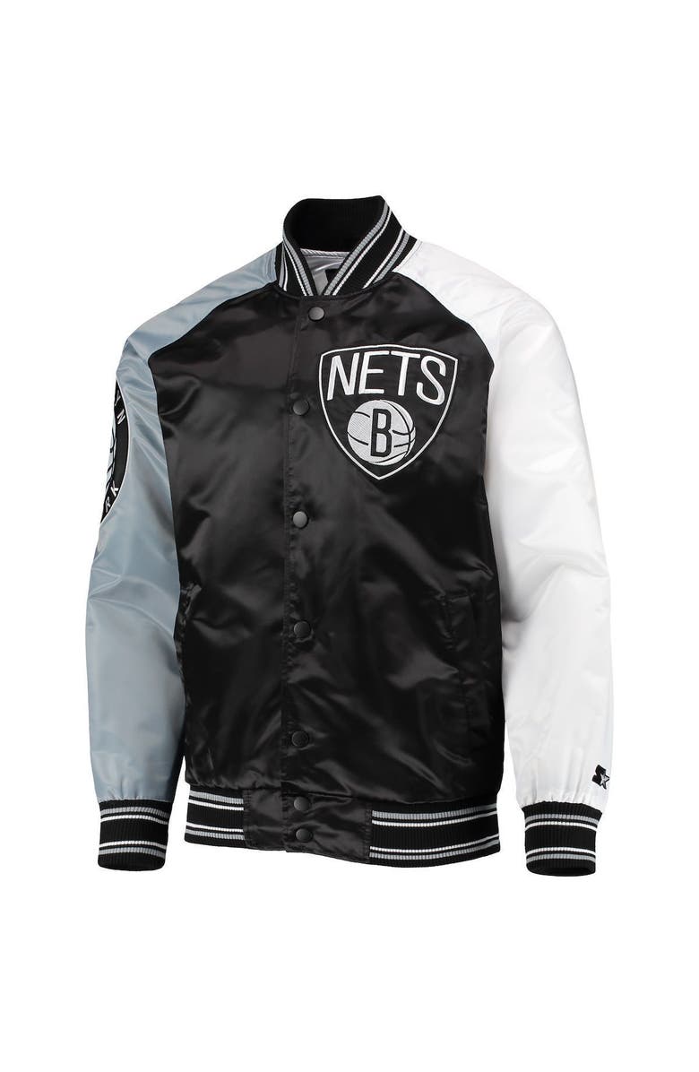STARTER Men's Starter Black/Gray Brooklyn Nets Reliever Varsity Satin Raglan Full-Snap Jacket, Alternate, color, 