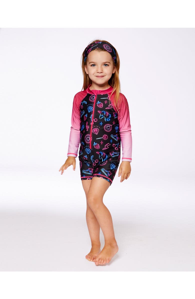 Deux par Deux Little Girl's Printed Long Sleeve One-Piece Rashguard Black And Blue And Pink Items, Alternate, color, Black And Blue And Pink Items