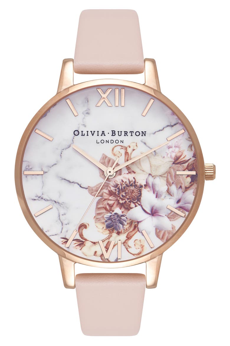 Marble Floral Leather Strap Watch, 38mm, Main, color, NUDE PEACH/ FLORAL/ ROSE GOLD
