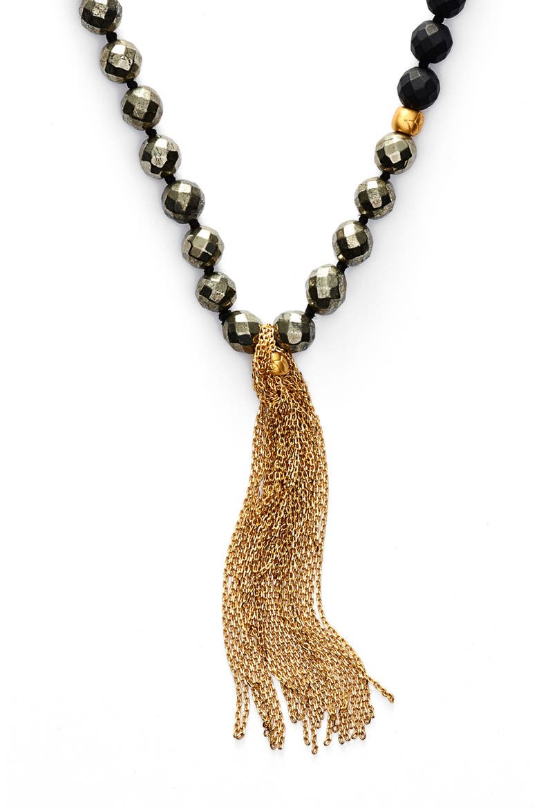 'Mala' Long Beaded Tassel Necklace, Alternate, color, PYRITE
