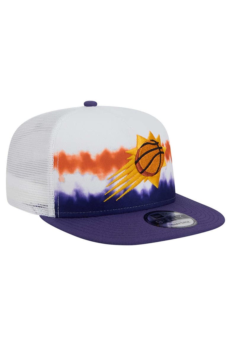 Men's New Era White/Purple Phoenix Suns Dip-Dye 9FIFTY A-Frame Trucker Snapback Hat, Alternate, color, White