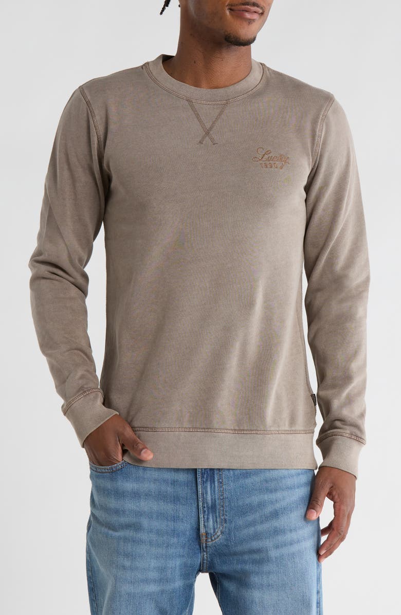 Lucky Brand Washed Logo Fleece Sweatshirt, Main, color, Driftwood