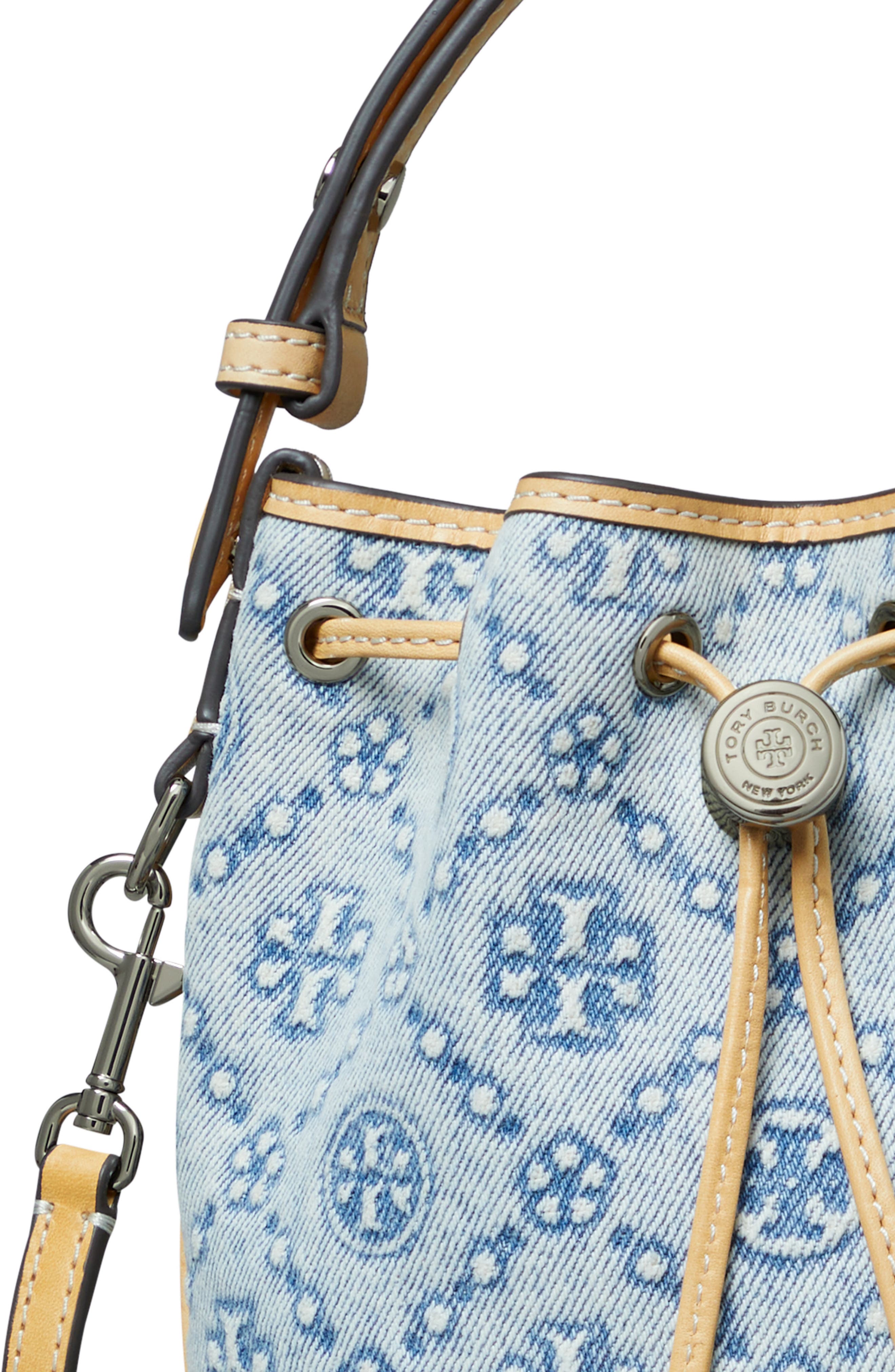 Tory Burch Mini T Monogram Denim Bucket Bag, Alternate, color, Powder Blue