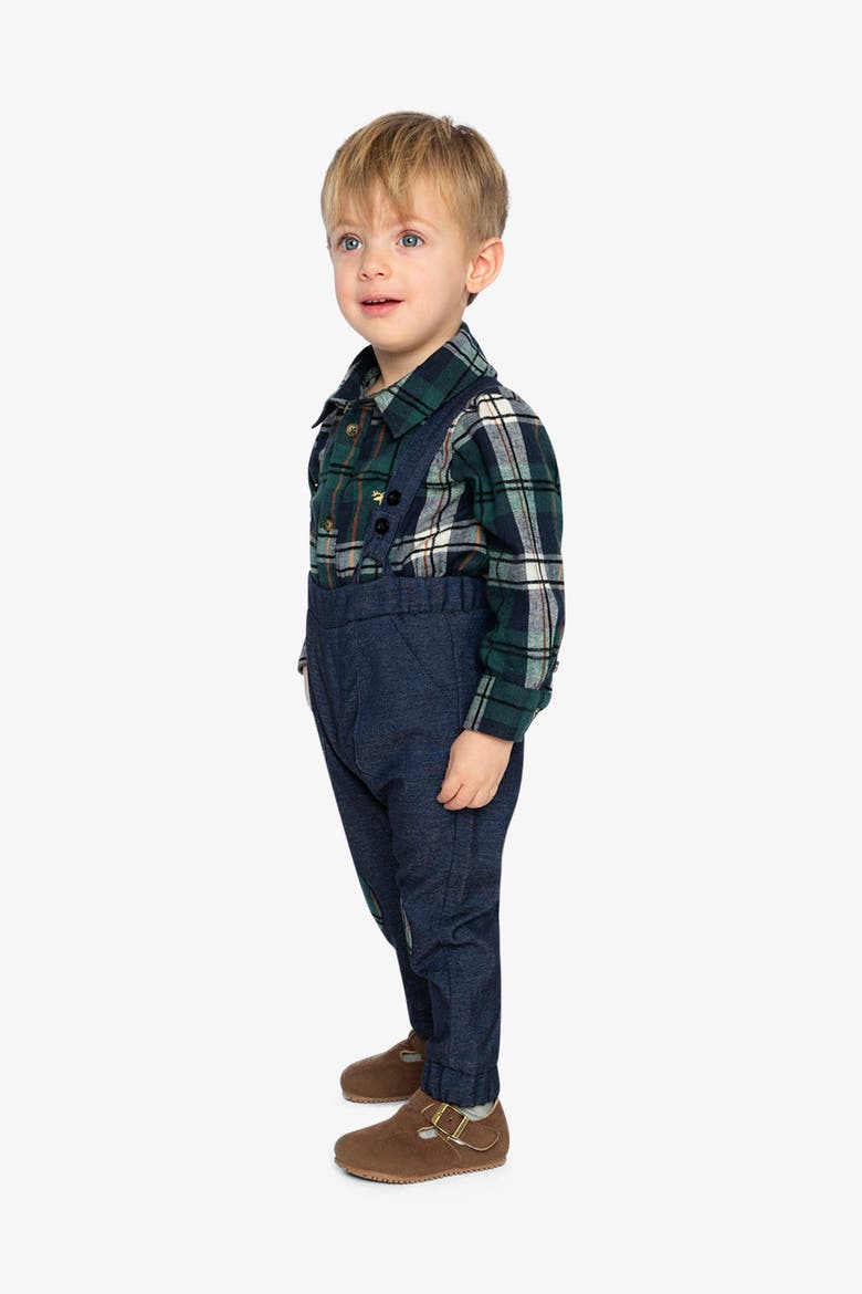 Button Front Bodysuit Suspender Pants Top & Pants Set, Alternate, color, Blue and Green Checks
