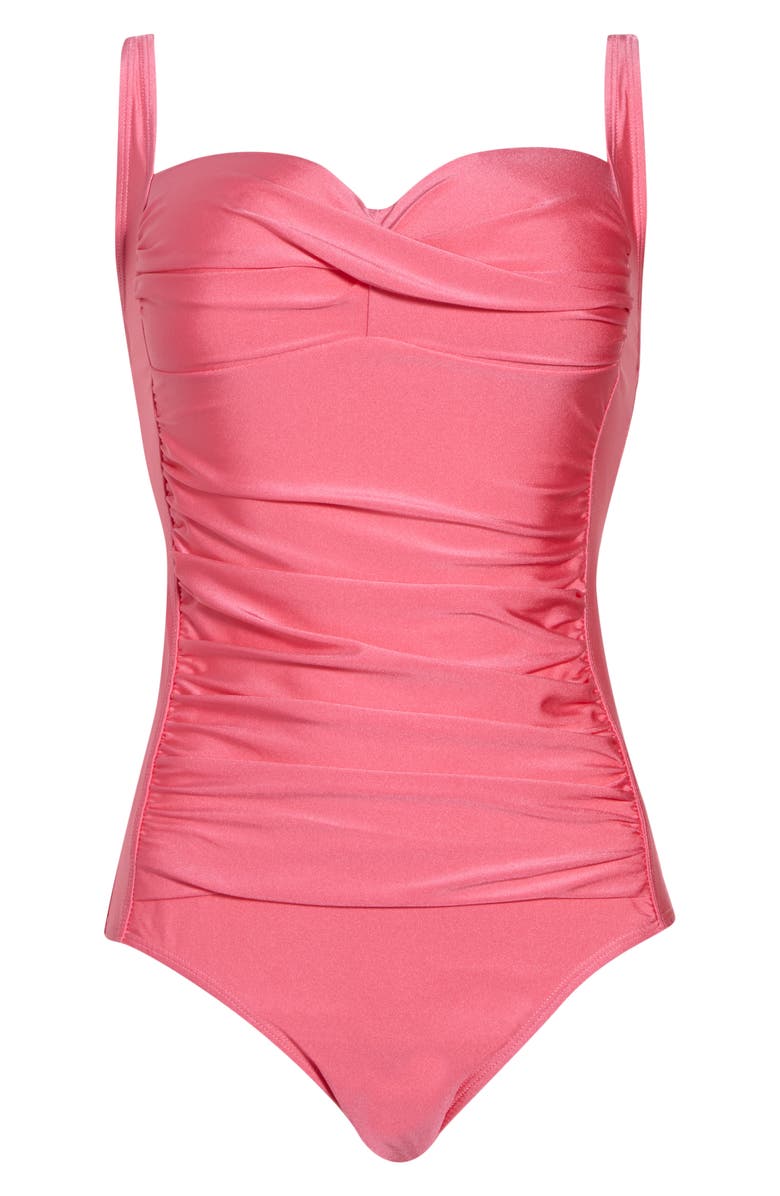 Betsey Johnson Ruched One-Piece Swimsuit, Alternate, color, Coral Pink