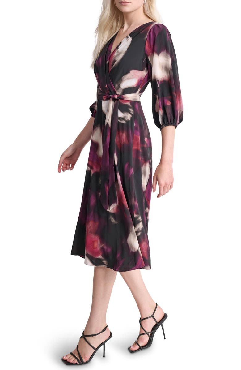 DKNY Surplice Three-Quarter Balloon Sleeve Midi Dress, Alternate, color, Raisin Mul