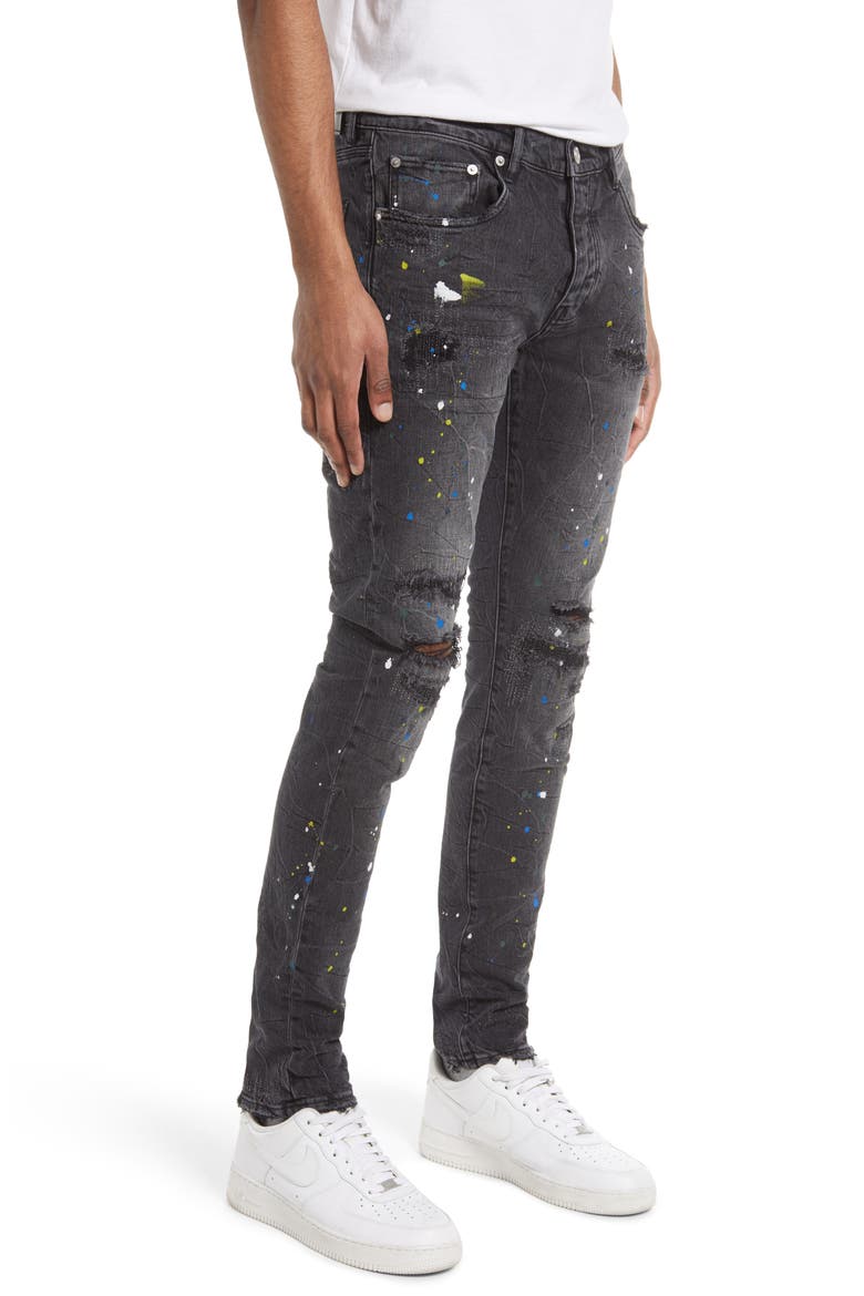 PURPLE Paint Splatter Ripped Knee Skinny Jeans, Alternate, color, BLACK REFLECTIVE REPAIR W/PAINT