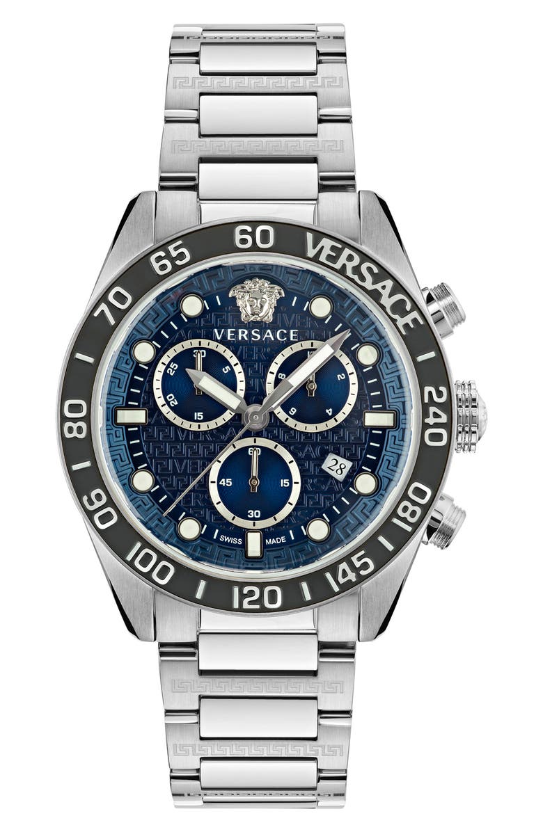 Versace Greca Dome Chronograph Bracelet Watch, 43mm, Main, color, Stainless Steel