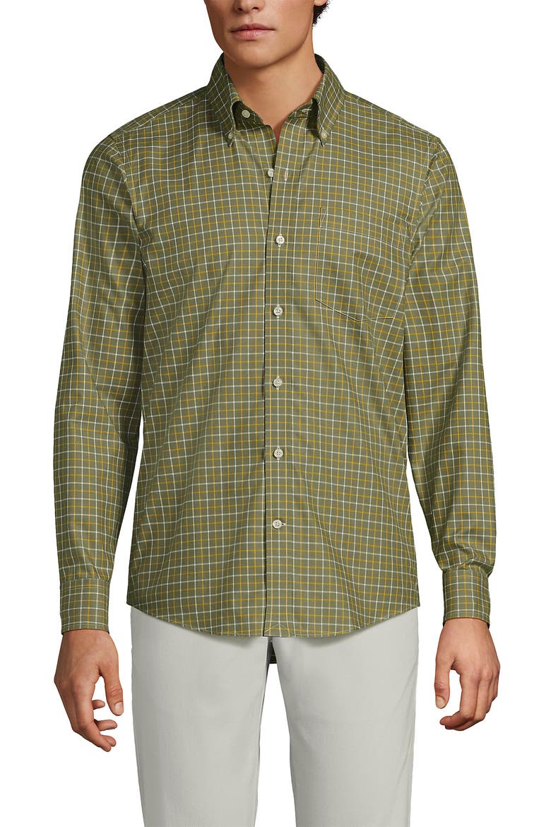 Tailored Fit No Iron Twill Long Sleeve Shirt, Main, color, River Stone Green/Gold Plaid