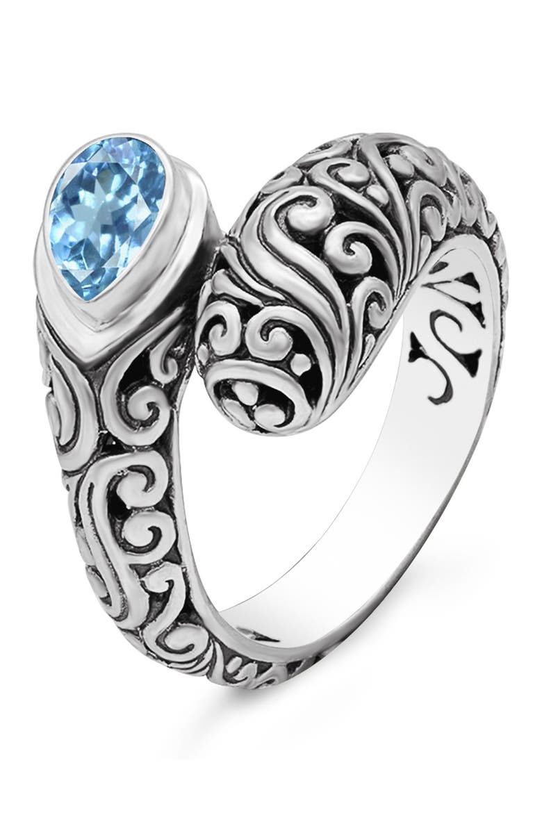 DEVATA Bali Filigree Sterling Silver ByPass Ring Embellished by 18K Gold Accents and Sky Blue Topaz, Main, color, 