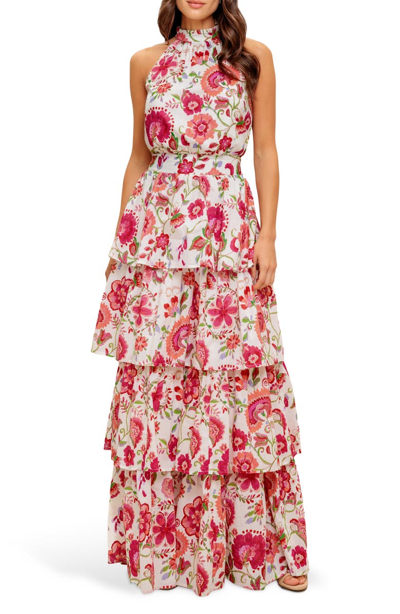 FLYING TOMATO Floral Print Halter Neck Maxi Dress, Main, color, Ivory Red