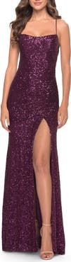 La Femme Lace Up Back Sequin Gown with Flare Skirt