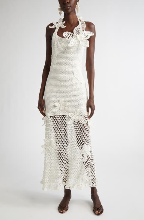 Orchid Motif Halter Neck Crochet Midi Dress