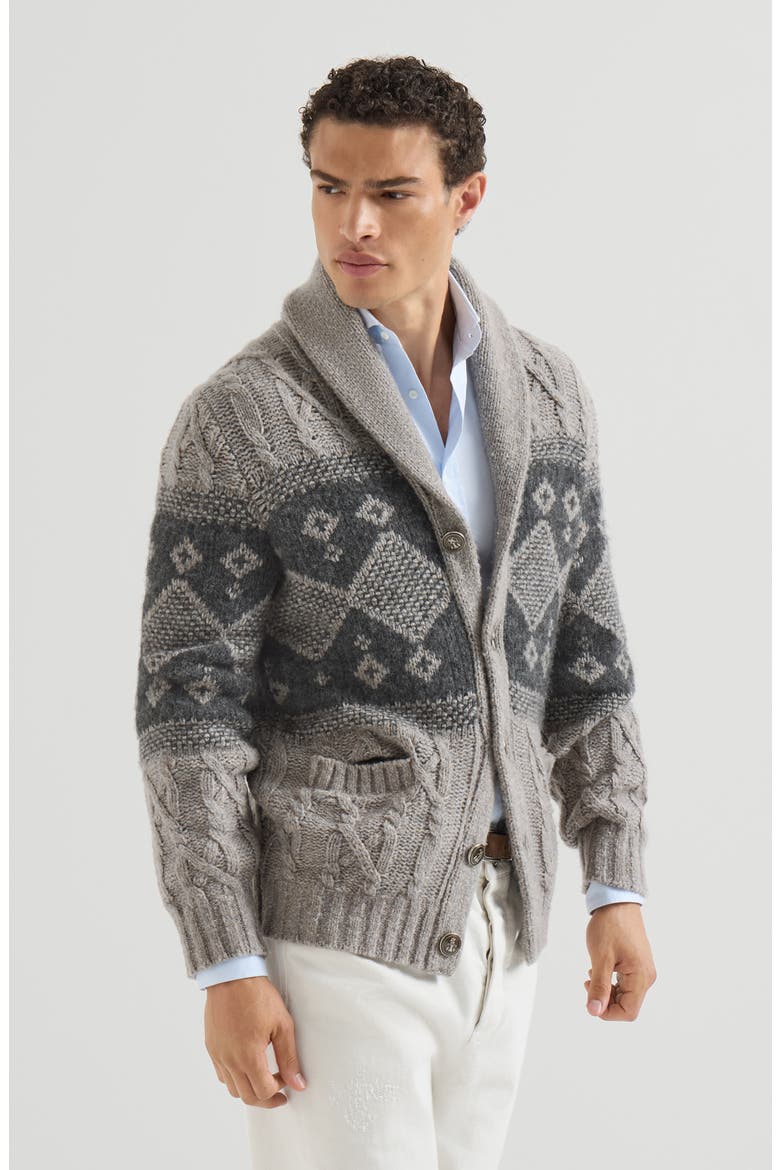 Virgin wool, silk and cashmere chiné cable knit cardigan with intarsia, Main, color, Grey