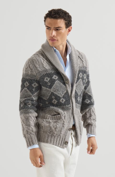 Virgin wool, silk and cashmere chiné cable knit cardigan with intarsia