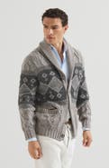 Brunello Cucinelli Virgin wool, silk and cashmere chiné cable knit cardigan with intarsia