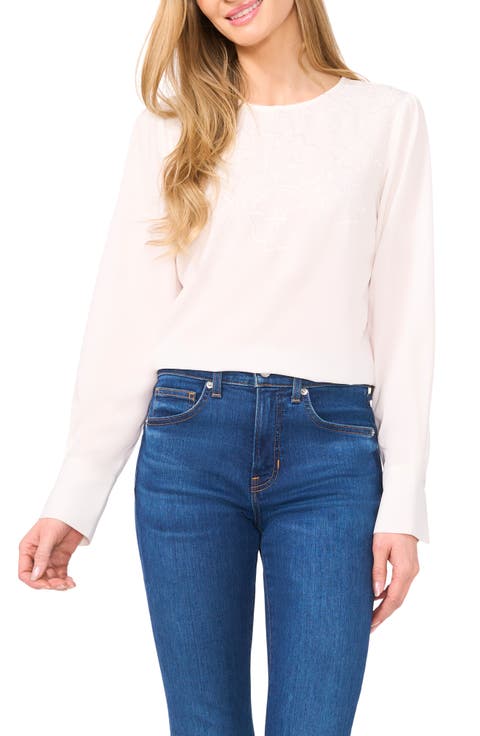 Floral Embroidery Long Sleeve Crepe Shirt