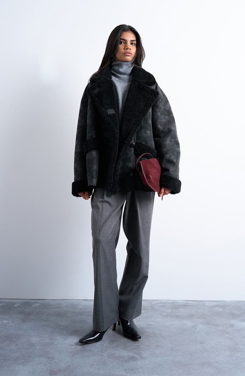 Topshop Oversize Faux Leather Coat, Alternate, color, Black