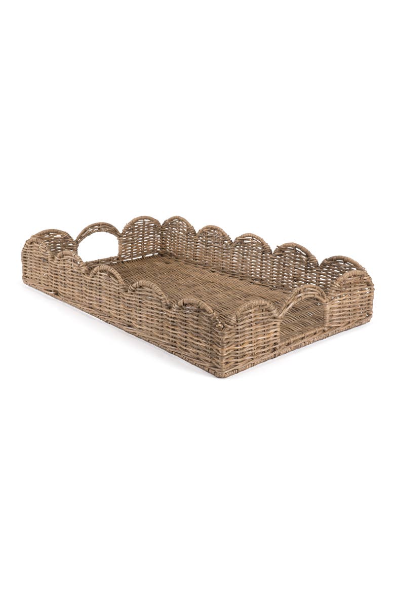 Scalloped 21.5" Southwestern Cottage Hand-Woven Rattan Tray with Handles, Natural, Main, color, Natural