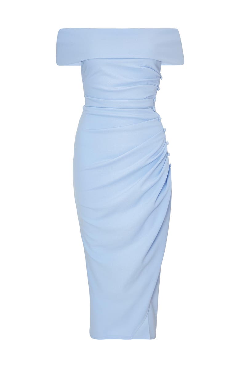 QUIZ Scuba Crepe Bardot Midi Dress With Button Detail, Alternate, color, Pale Blue