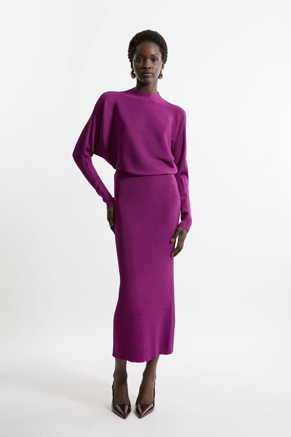 Karen Millen Drape Knit Bat Wing Pencil Midi Dress In Purple