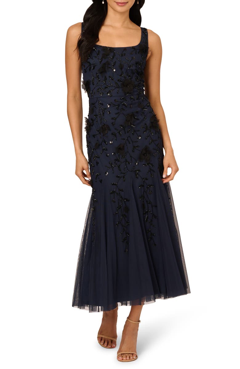Adrianna Papell Beaded Sleeveless Mermaid Cocktail Dress, Main, color, Navy Black