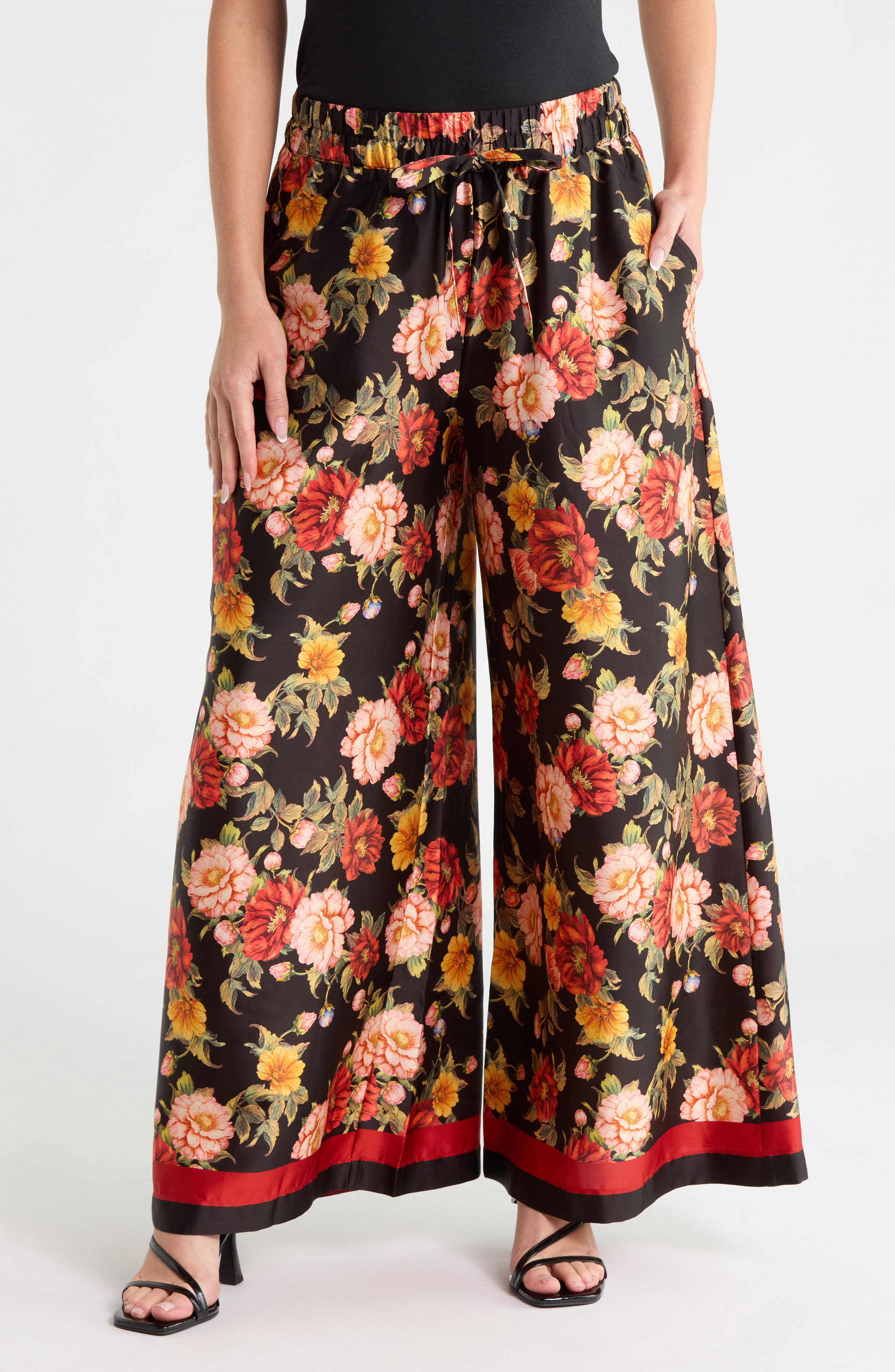 Floral Print Drawstring Wide Leg Pants