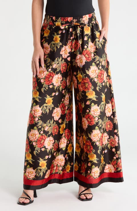 Floral Print Drawstring Wide Leg Pants