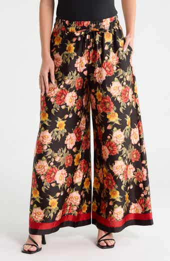 Floral Print Drawstring Wide Leg Pants