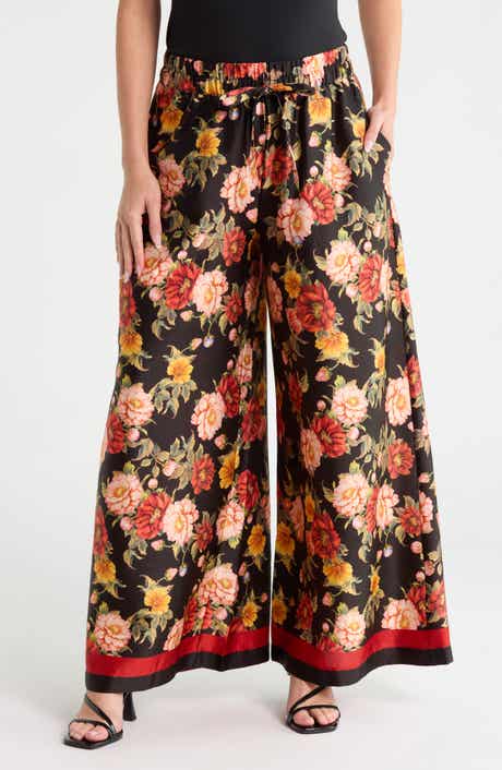 Floral Print Drawstring Wide Leg Pants