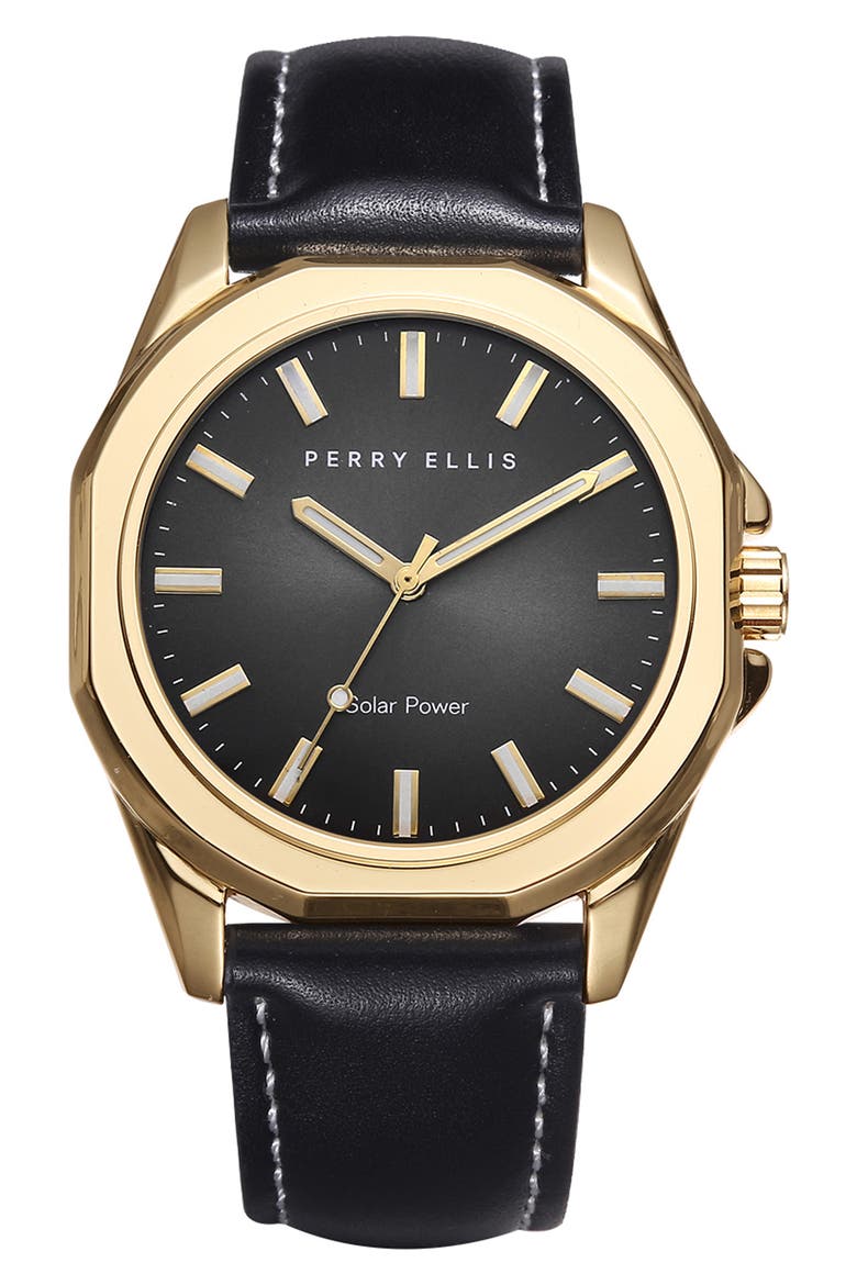 Solar Leather Strap Watch, 41mm, Main, color, GOLD