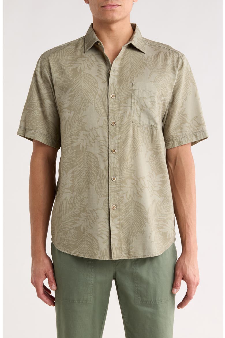 Luau Leaves Short Sleeve Button-Up Shirt, Main, color, DUSTY THYME