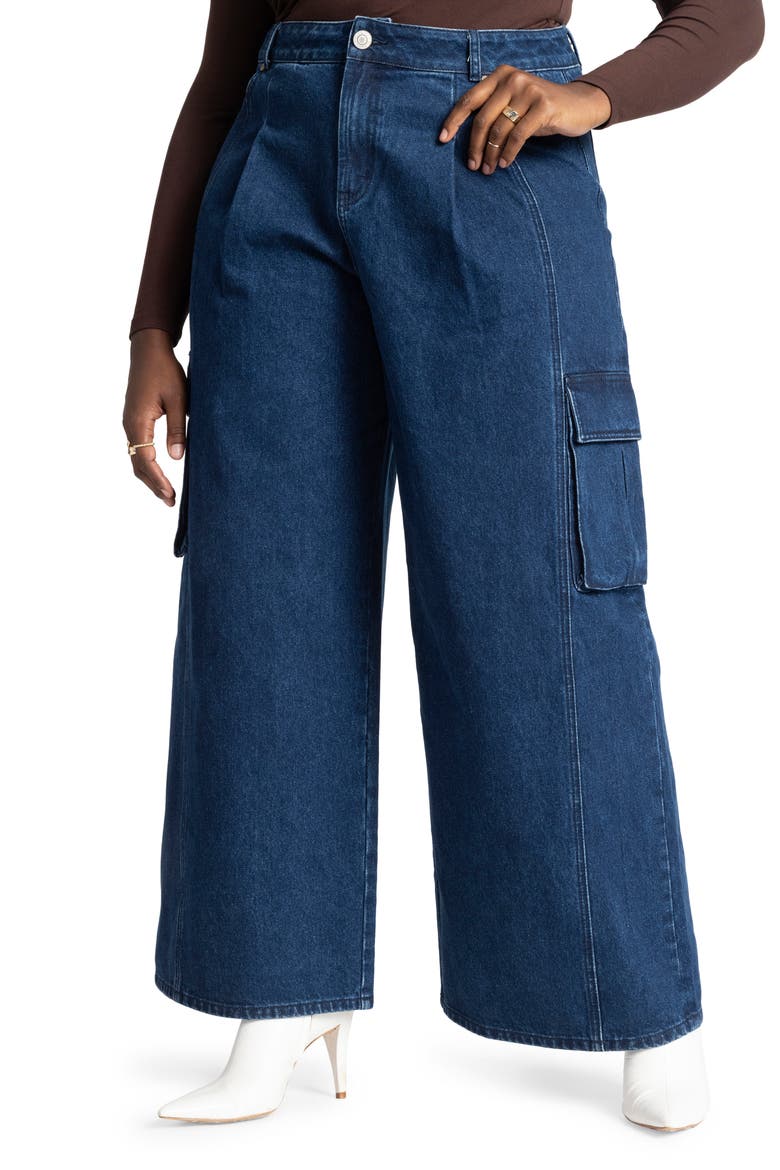 High Waist Wide Leg Cargo Jeans, Main, color, DARK WASH