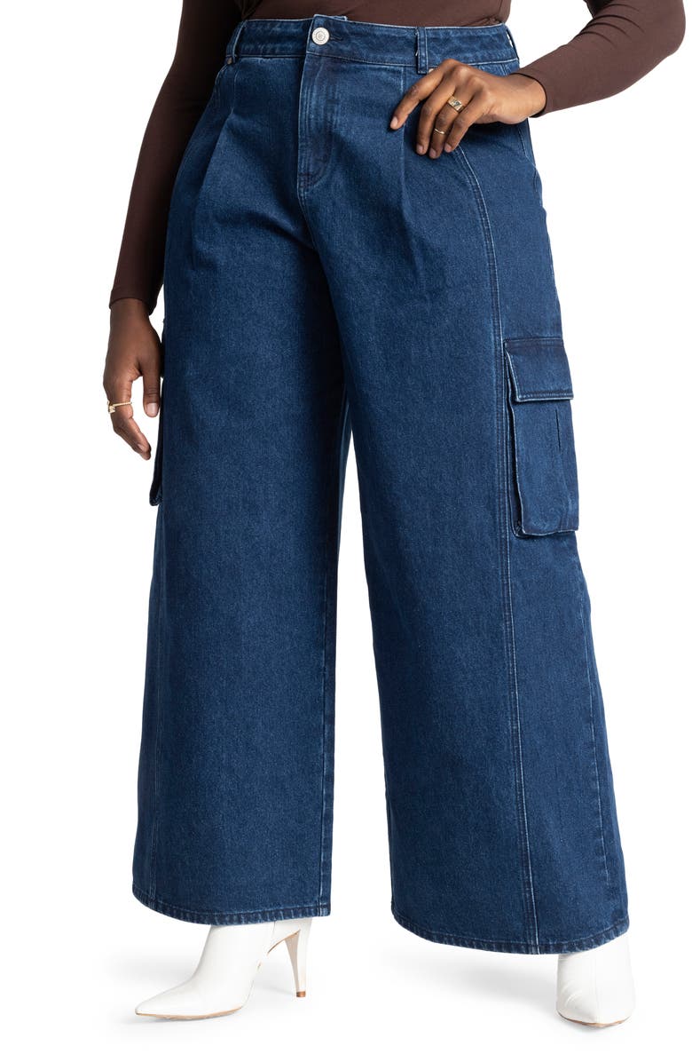ELOQUII High Waist Wide Leg Cargo Jeans, Main, color, 