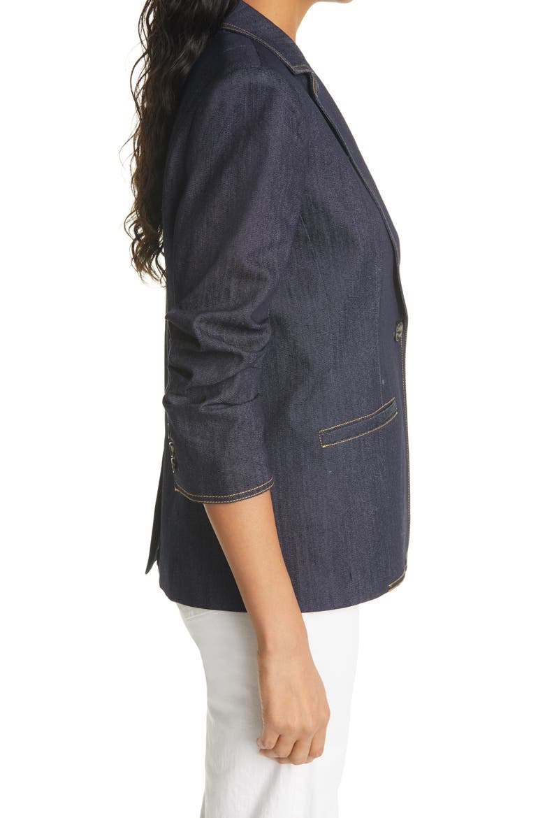 Khloe Ruched Sleeve Denim Blazer, Alternate, color, INDIGO