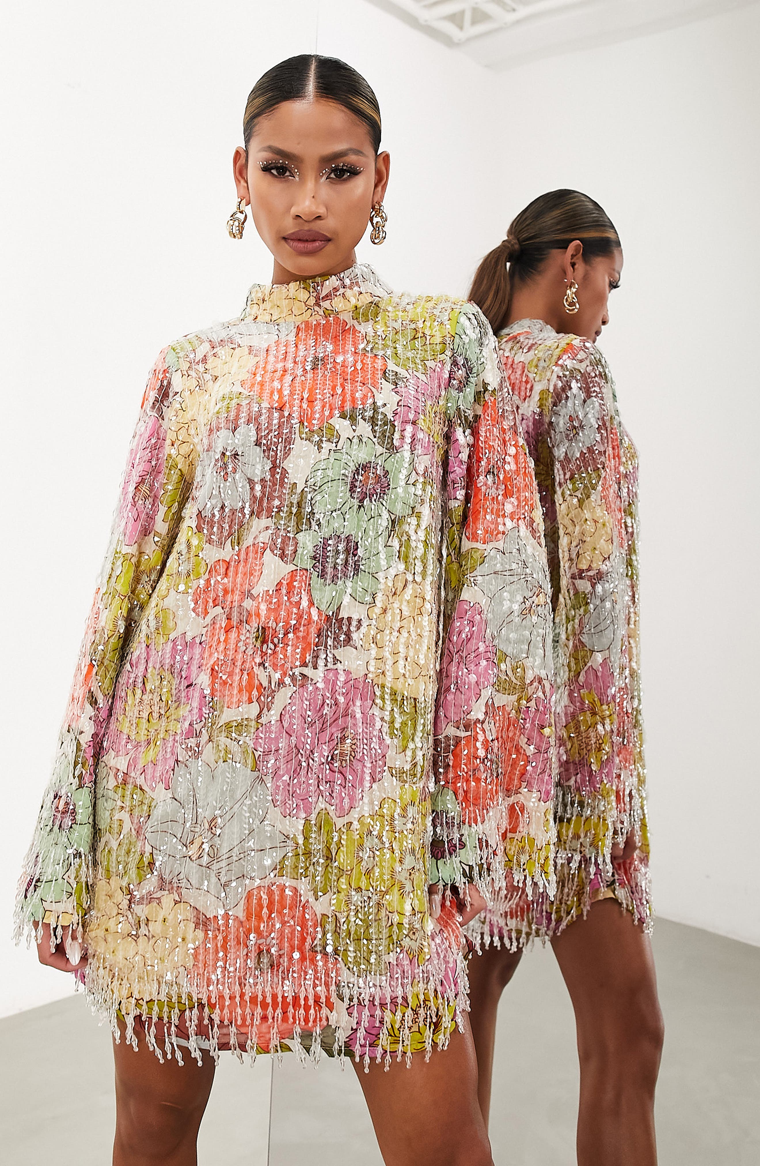 asos beaded shift dress DESIGN Floral Sequin & Bead Long Sleeve (Women) Color:Black and White