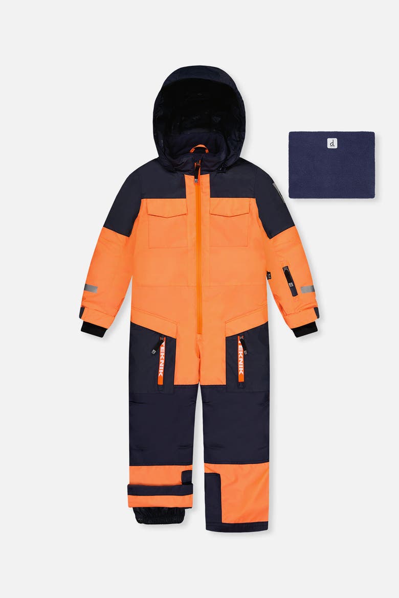 Teknik Fleece Lined & Reinforced Knees One Piece Snowsuit, Main, color, Bright Orange and Blue