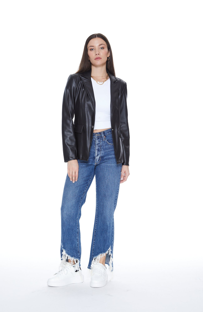 BLUE REVIVAL Helen Blazer in Black UNreal Leather, Alternate, color, Black / Monaco